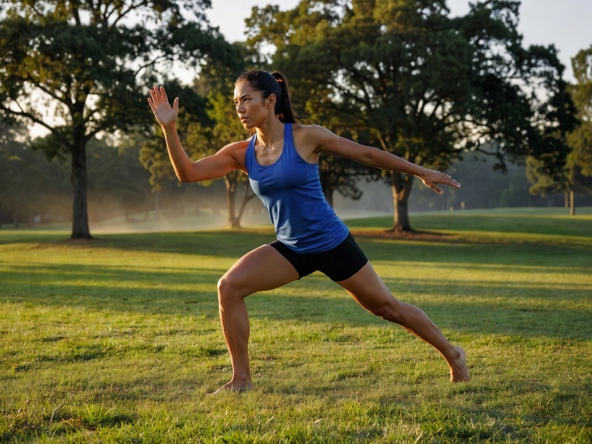 Athlete performing active dynamic stretching outdoors