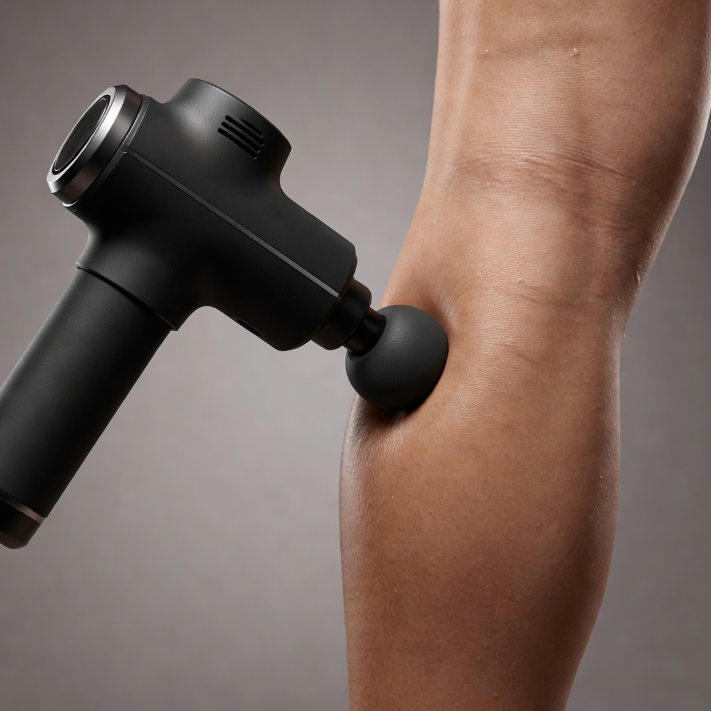 Close up of a massage gun being applied to a calf muscle