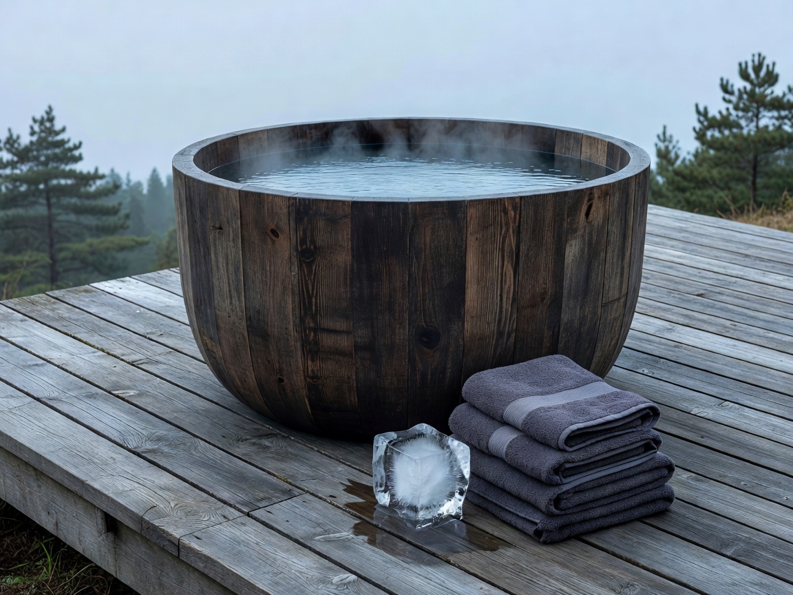 Cold plunge tub setup on a wooden deck