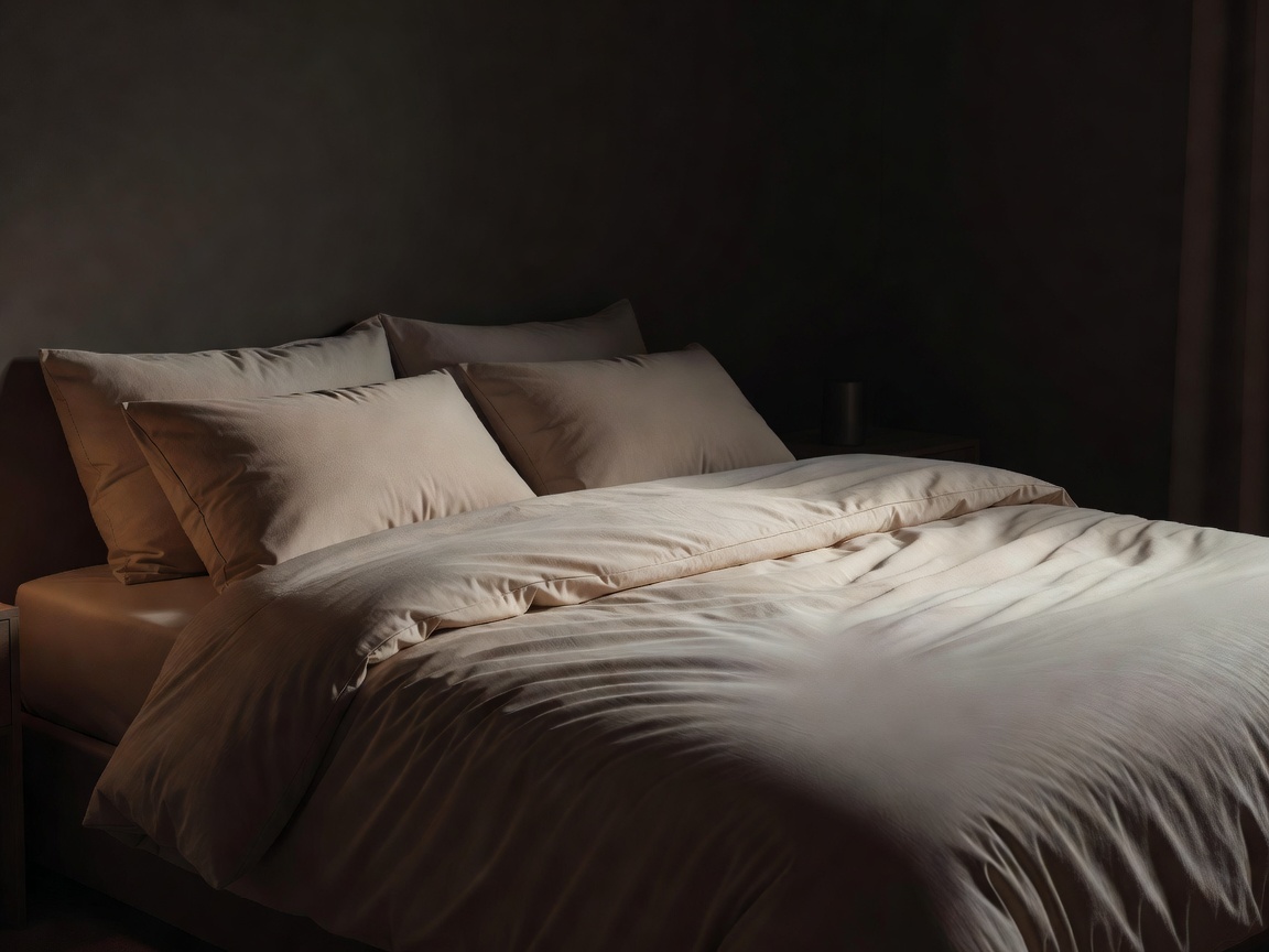Comfortable bed with neutral-toned bedding in a dark room