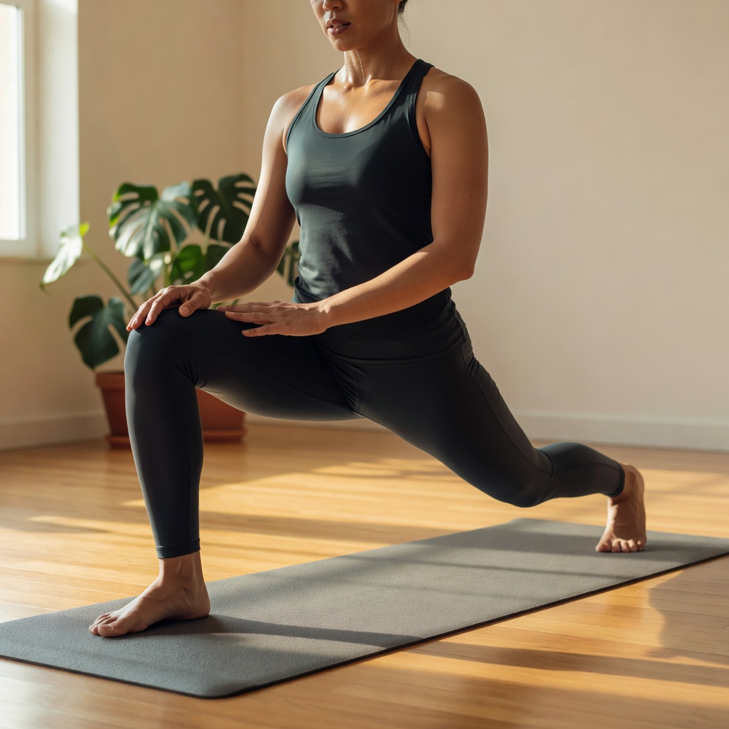 Person doing a deep lunge stretch on a yoga mat