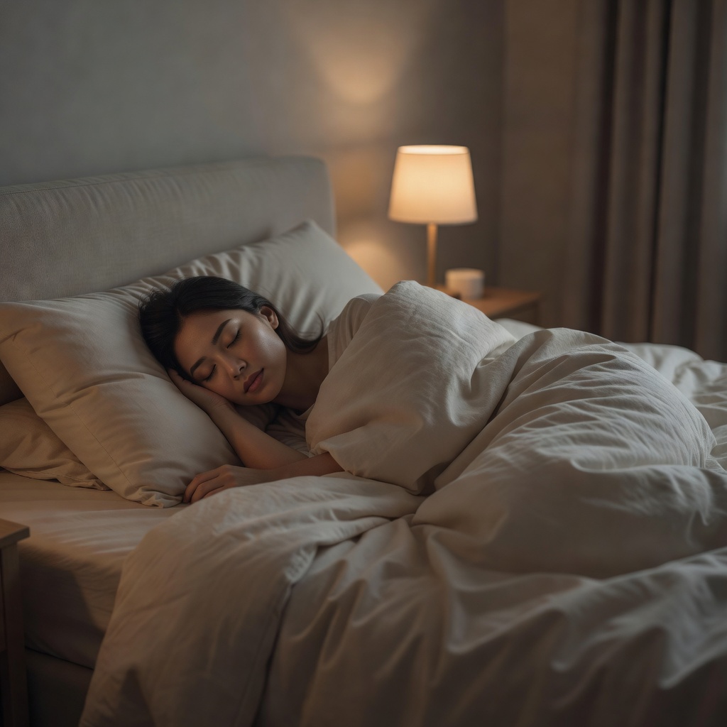 Person sleeping peacefully in a dimly lit, comfortable bedroom