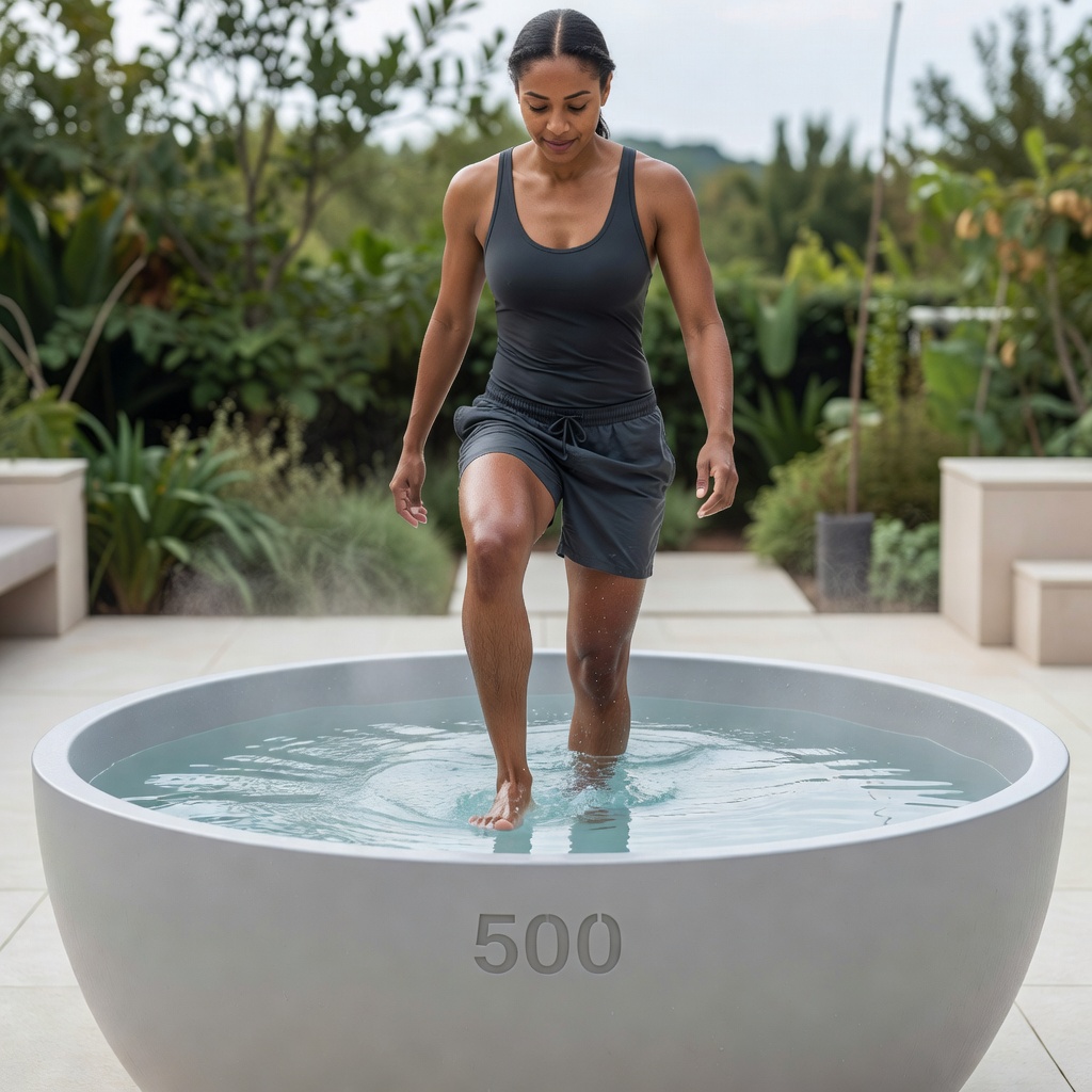 Person stepping into an outdoor cold plunge tub