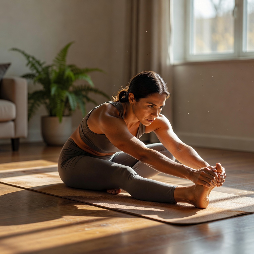Person stretching on a yoga mat in a sunny home environment